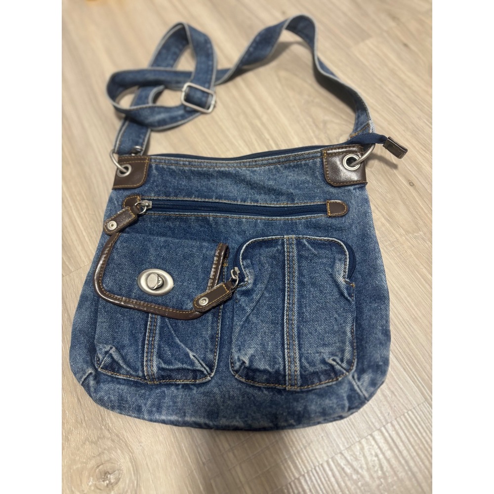 Vintage Denim Crossbody Bag Blue Jean Messenger Purse with Faux Leather Trim